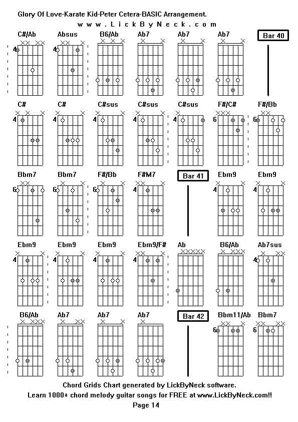 Chord Grids Chart of chord melody fingerstyle guitar song-Glory Of Love-Karate Kid-Peter Cetera-BASIC Arrangement,generated by LickByNeck software.